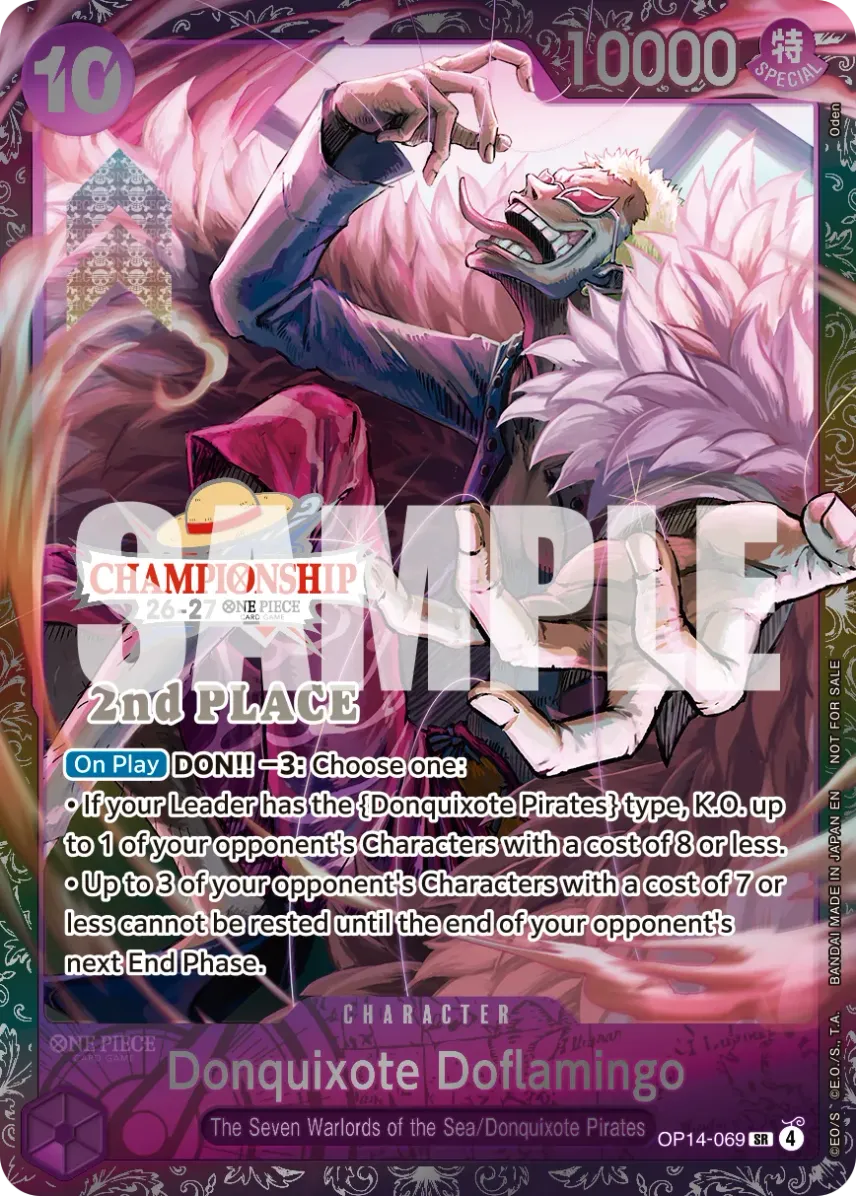 Donquixote Doflamingo SR : 2nd Place : Opened : Silver Background [OP14-069] [EN] (Promotional Card "Championship 26-27 Finals")