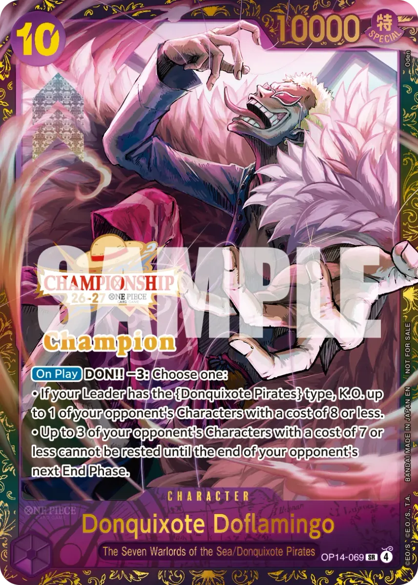 Donquixote Doflamingo SR : 1st Place : Gold Background : Opened [OP14-069] [EN] (Promotional Card "Championship 26-27 Finals")